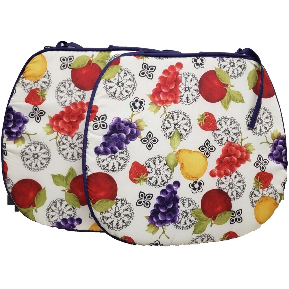 Set of 2 Same Cushion Chair Pads with purple ties (15"x15") FRUITS ON WHITE, BH